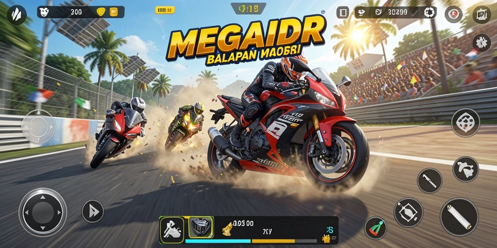 Screenshot gameplay menampilkan aksi balapan motor yang intens.
